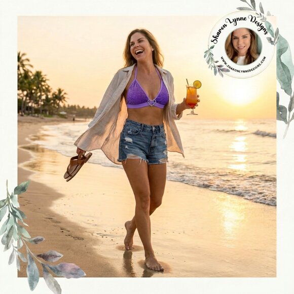 Other - Purple Heart Glitter Bikini Top Size M/L, Triangle Bikini Top with Heart Pin